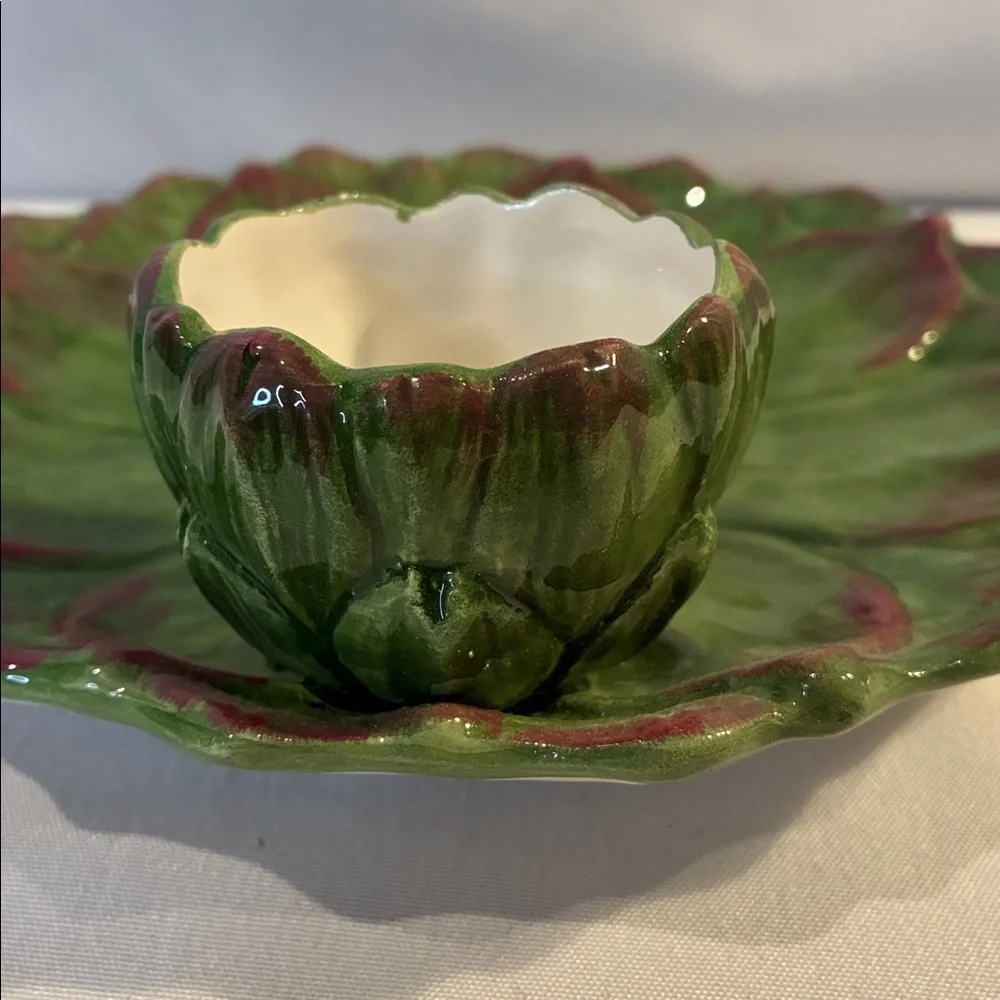 Vintage green Italian majolica artichoke plate and dip dish Sur la Table ceramic